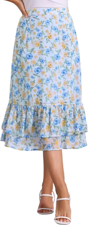 Allegra K Women's Printed Skirt 2025 Trendy Spring Summer Chiffon Elastic Ruffle Tiered Flowy Midi Skirts