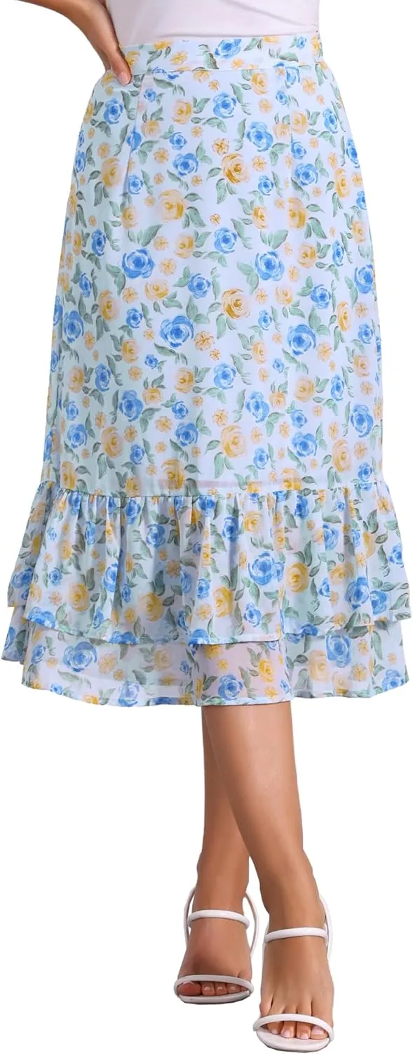 Allegra K Women's Printed Skirt 2025 Trendy Spring Summer Chiffon Elastic Ruffle Tiered Flowy Midi Skirts