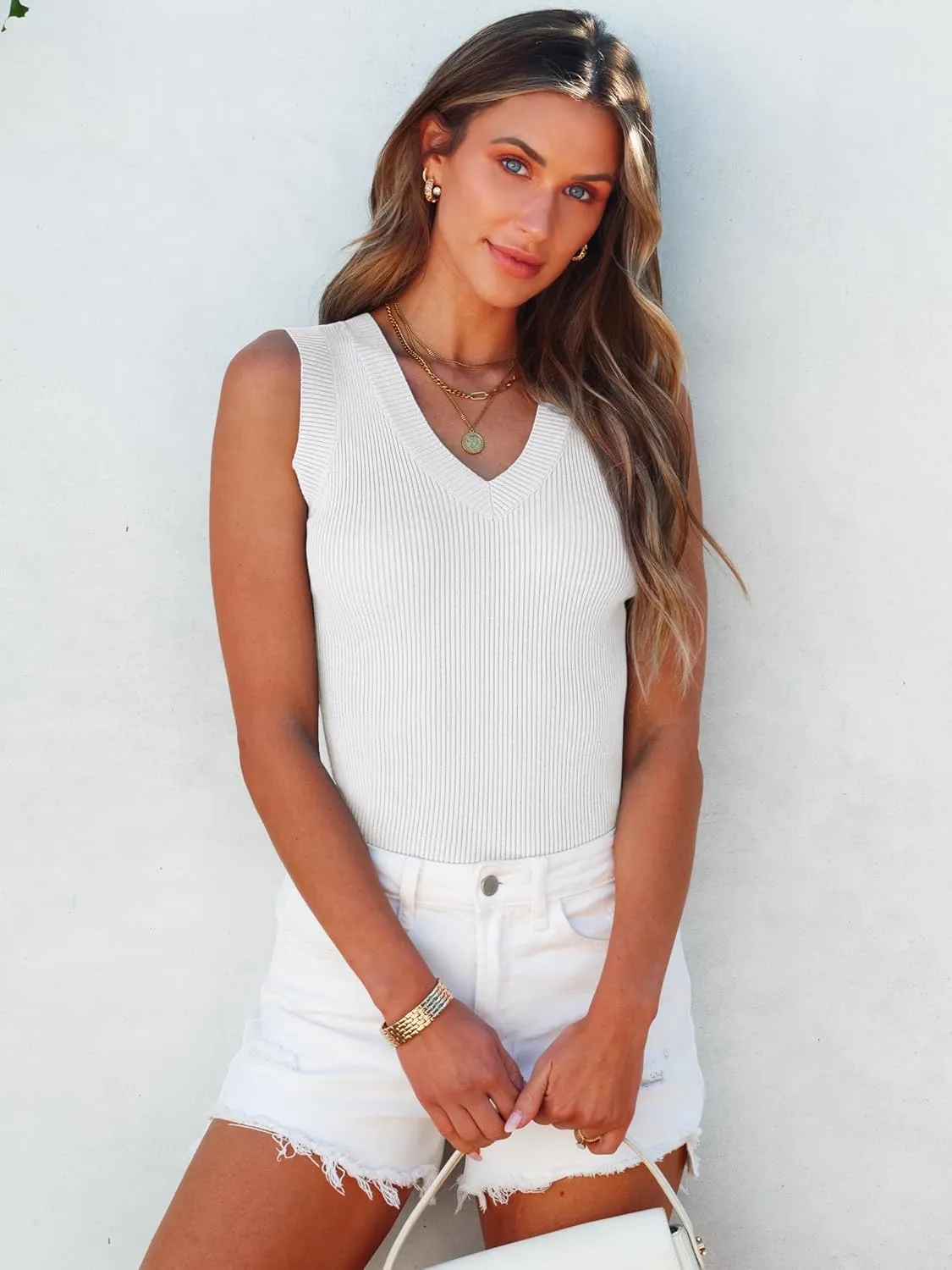 ANRABESS Women's Sleeveless Sweater Vest Summer V Neck Ribbed Knit Slim Fit Tank Tops 2025 Trendy Spring Outfits