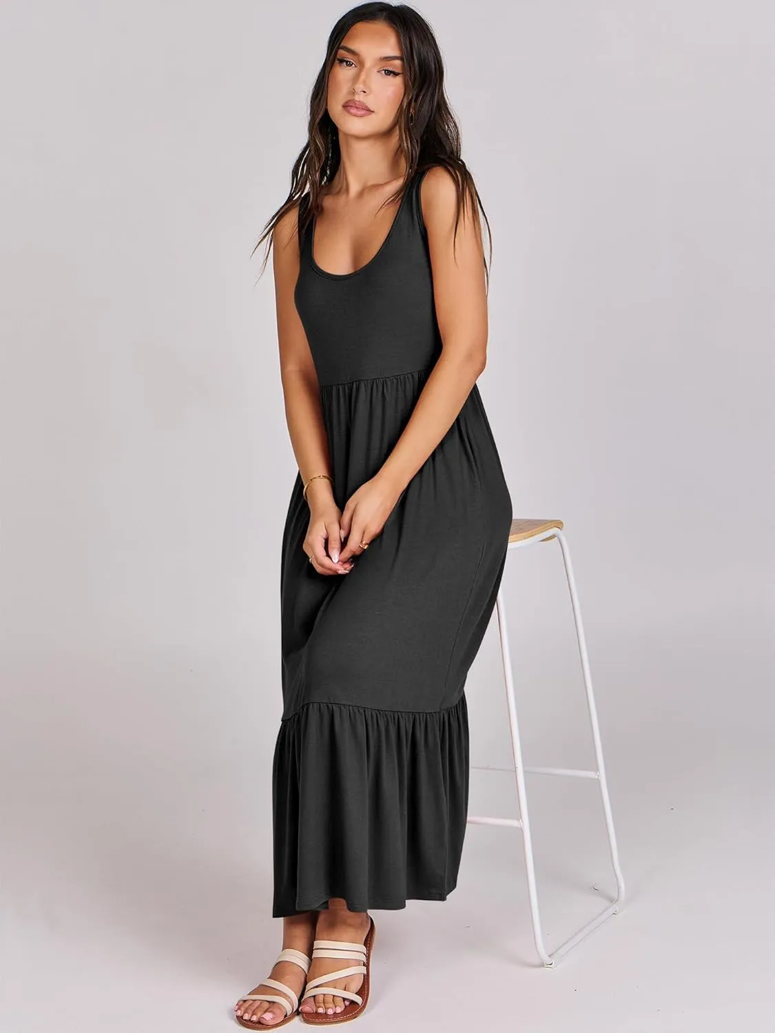 ANRABESS Women's Summer Sleeveless Maxi Sundress Swing Casual Flowy Tiered Shirts Dress Beach Travel Vacation Outfits