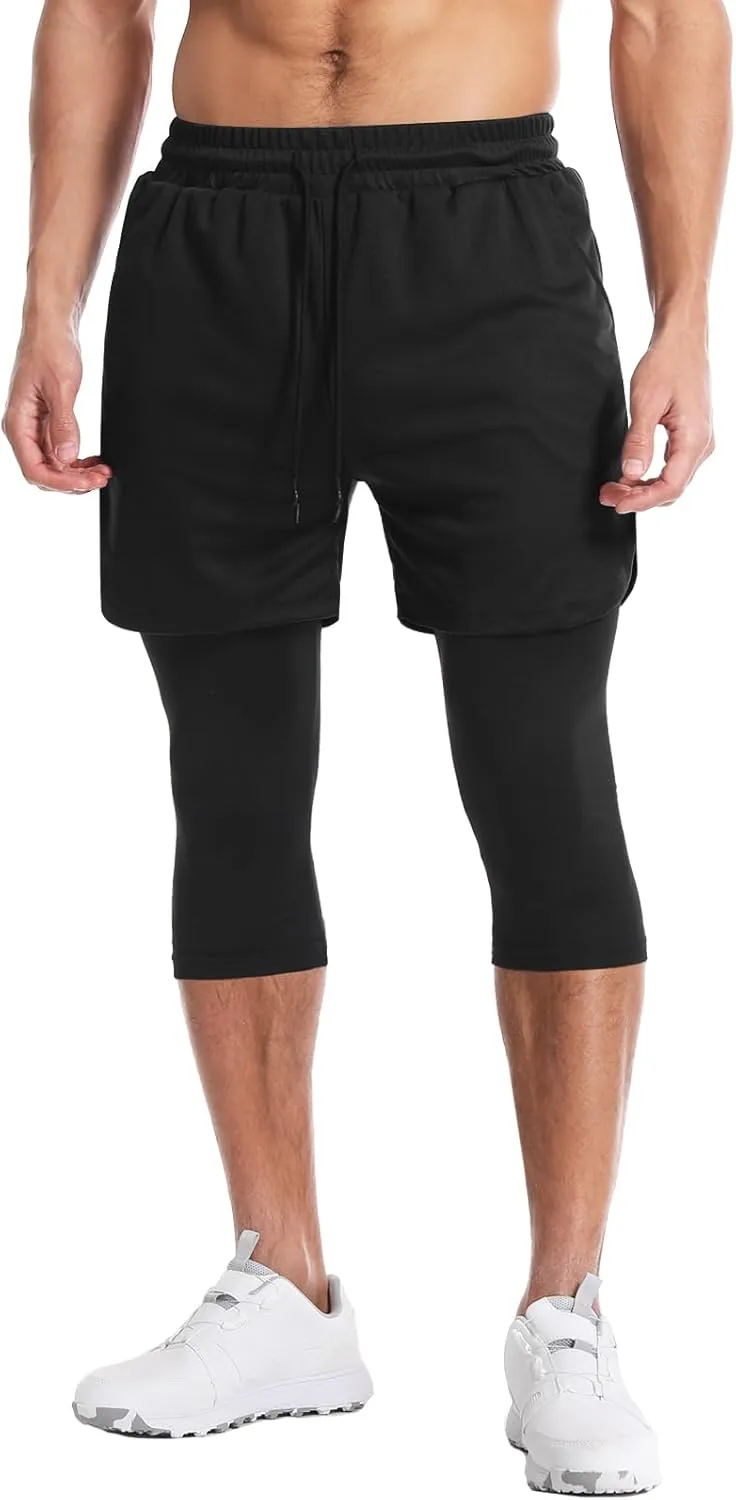 Aolesy Men's 2 in 1 Running Pants, Gym Workout Compression Pants for Men Training Athletic Pants