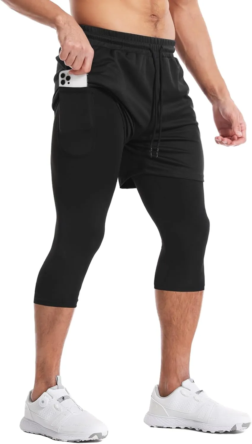 Aolesy Men's 2 in 1 Running Pants, Gym Workout Compression Pants for Men Training Athletic Pants