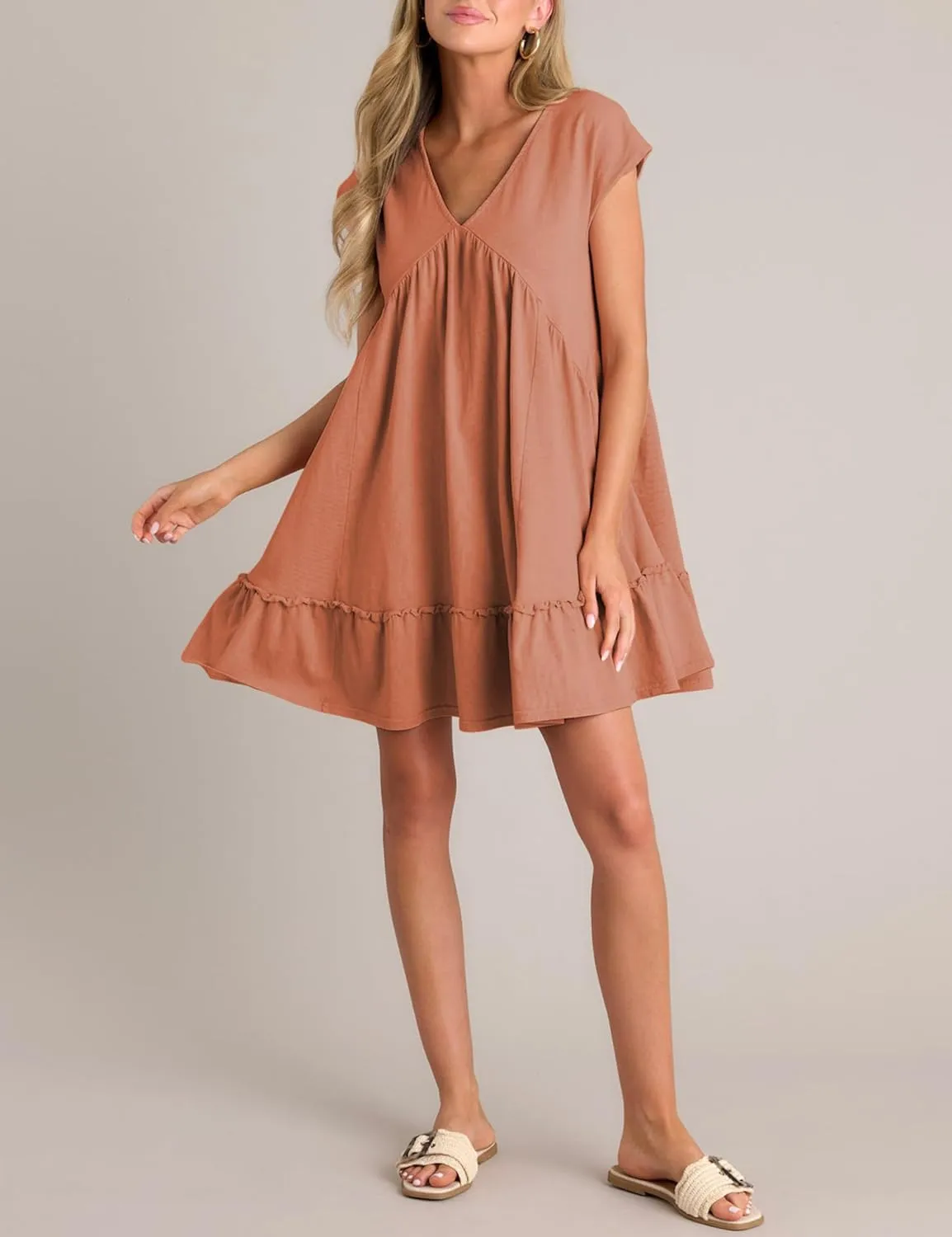 APAFES Women's Elegant Mini Dress A Line V-Neck Ruffle Dress 2025 Summer Fashion Outfits