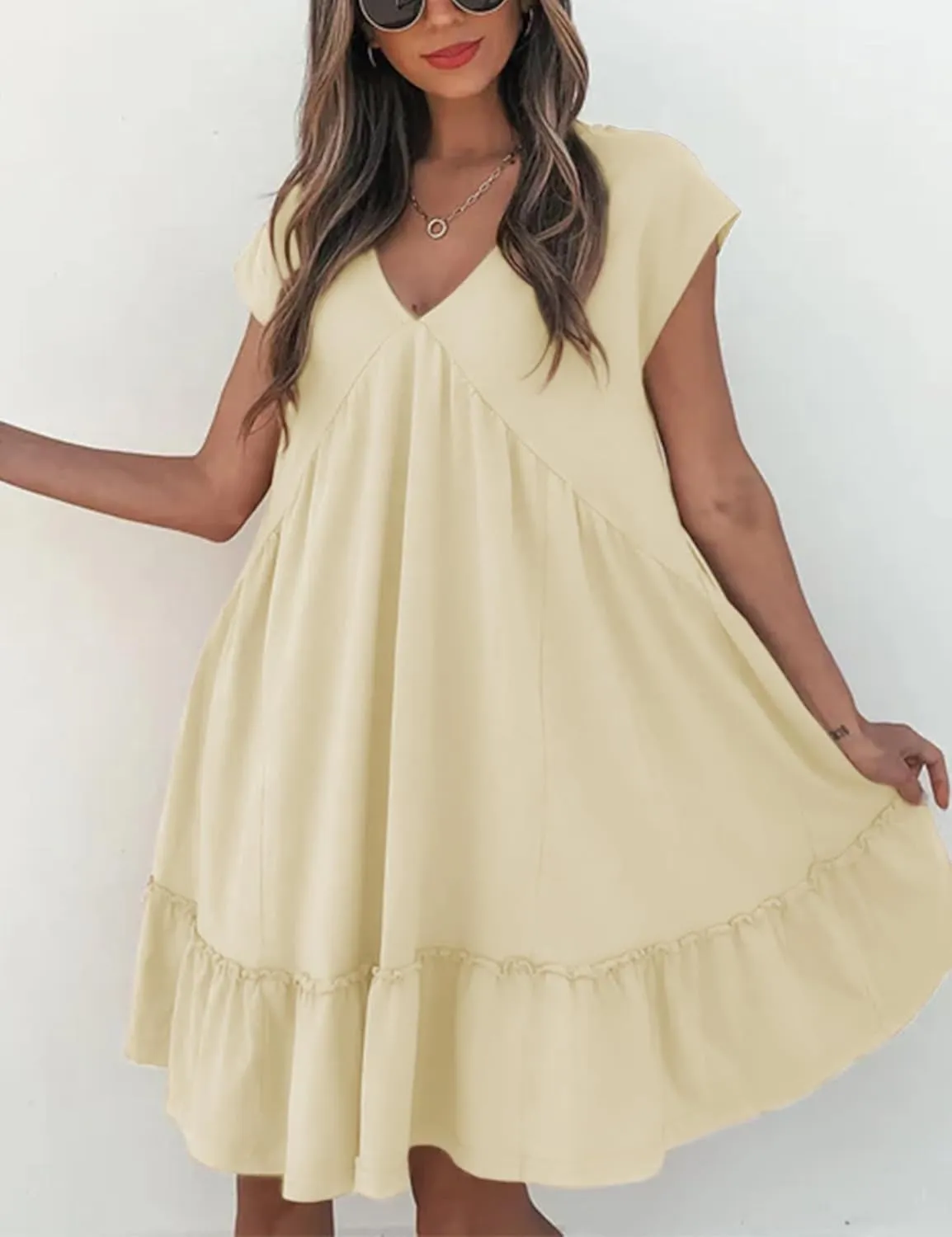 APAFES Women's Elegant Mini Dress A Line V-Neck Ruffle Dress 2025 Summer Fashion Outfits