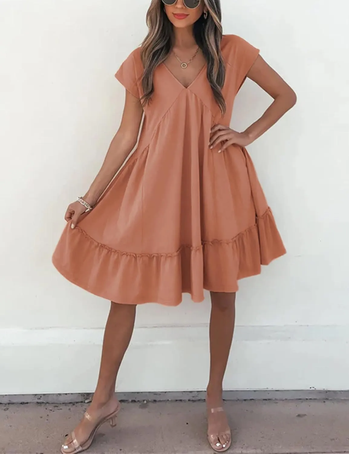 APAFES Women's Elegant Mini Dress A Line V-Neck Ruffle Dress 2025 Summer Fashion Outfits