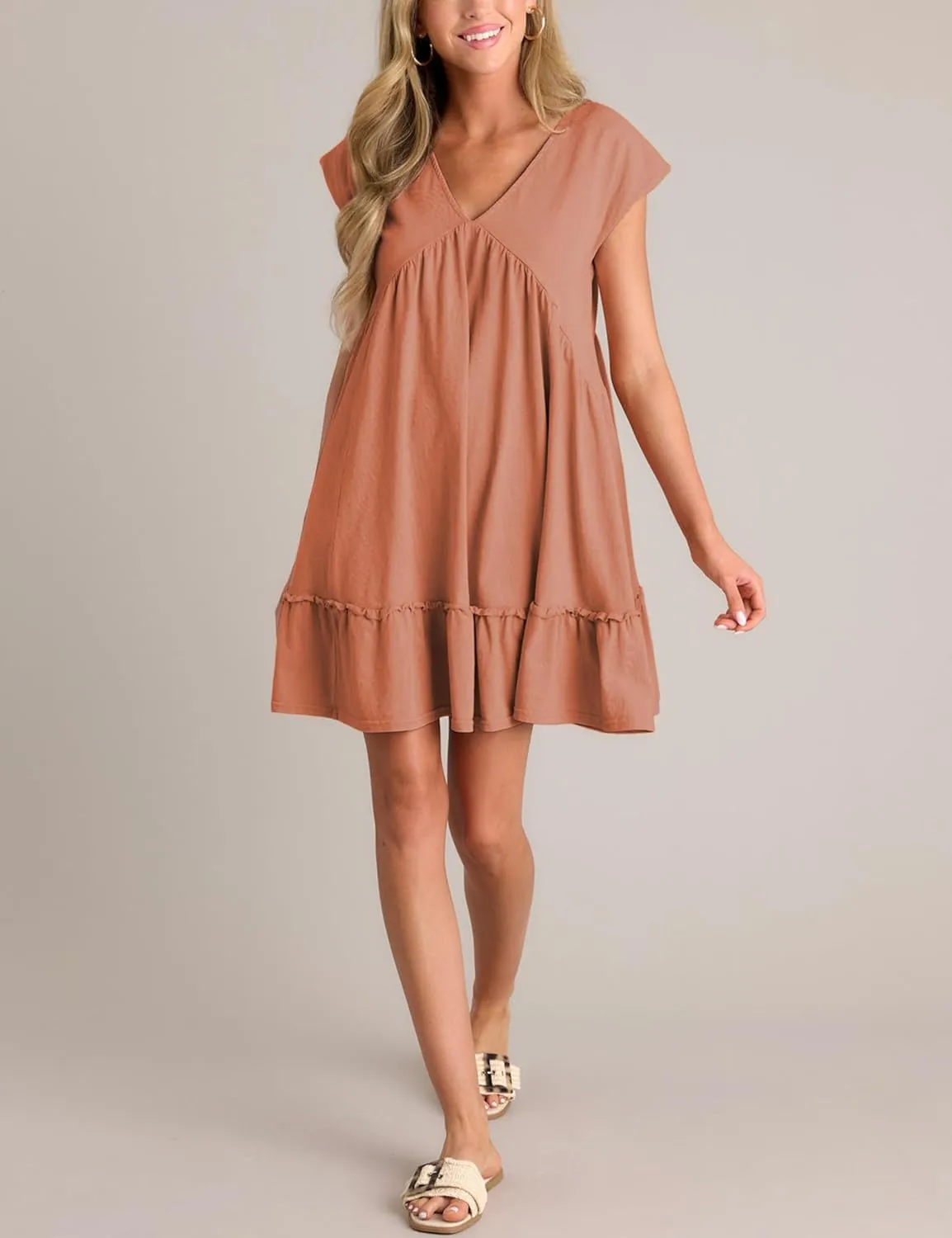 APAFES Women's Elegant Mini Dress A Line V-Neck Ruffle Dress 2025 Summer Fashion Outfits