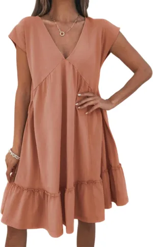 APAFES Women's Elegant Mini Dress A Line V-Neck Ruffle Dress 2025 Summer Fashion Outfits