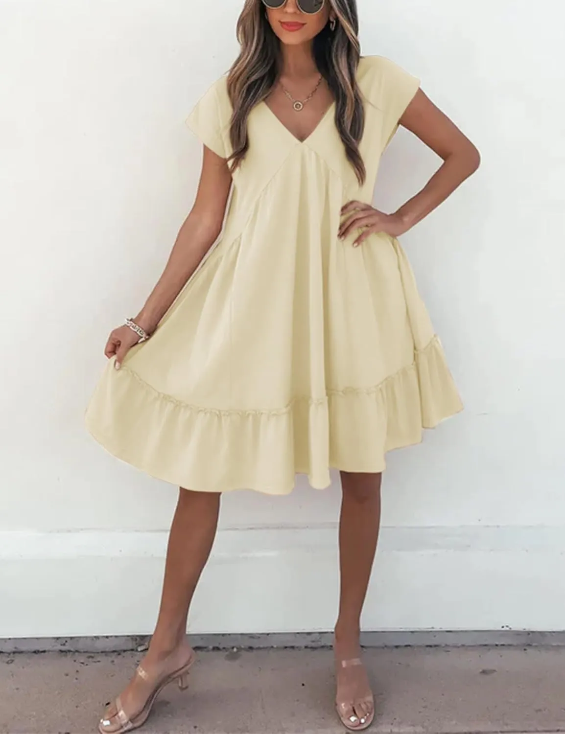 APAFES Women's Elegant Mini Dress A Line V-Neck Ruffle Dress 2025 Summer Fashion Outfits