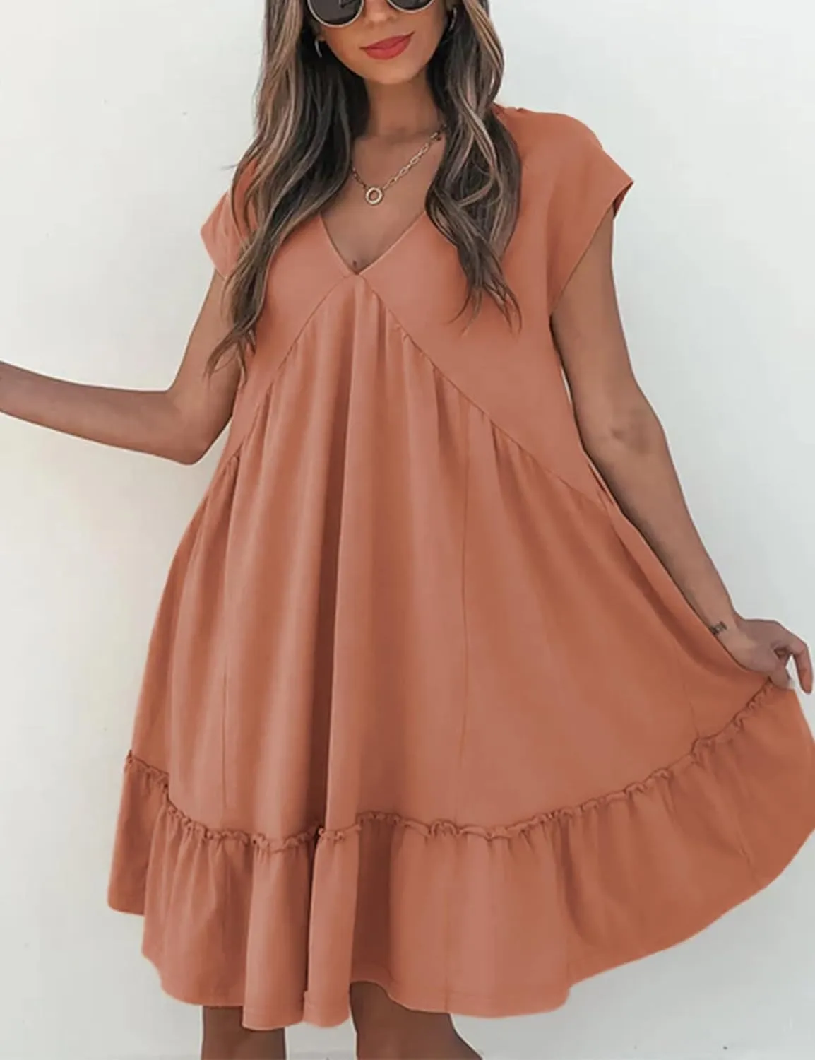 APAFES Women's Elegant Mini Dress A Line V-Neck Ruffle Dress 2025 Summer Fashion Outfits