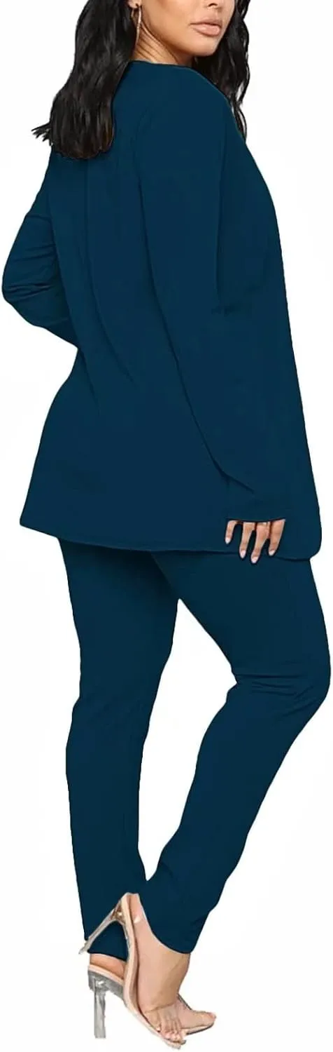 Aro Lora Women's 2 Piece Outfit Casual Solid Open Front Blazer and Pencil Pant Suits Set