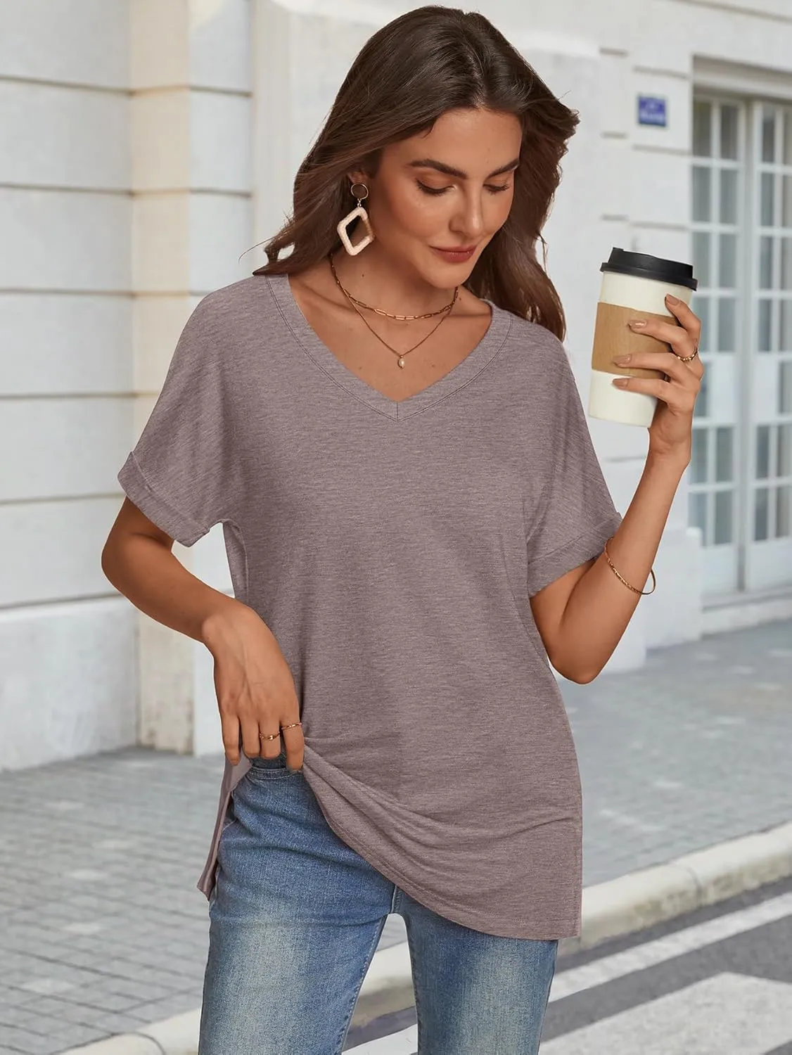 ATHMILE Womens Summer 2025 V Neck Casual Tunic Tops Spring Fashion Basic Trendy Outfits