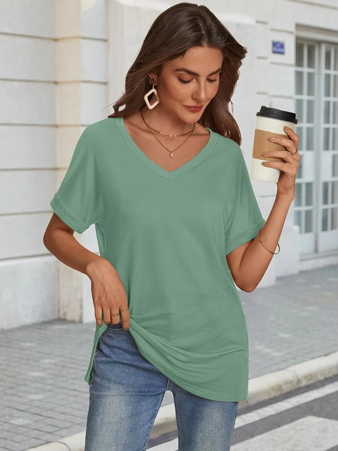 ATHMILE Womens Summer 2025 V Neck Casual Tunic Tops Spring Fashion Basic Trendy Outfits