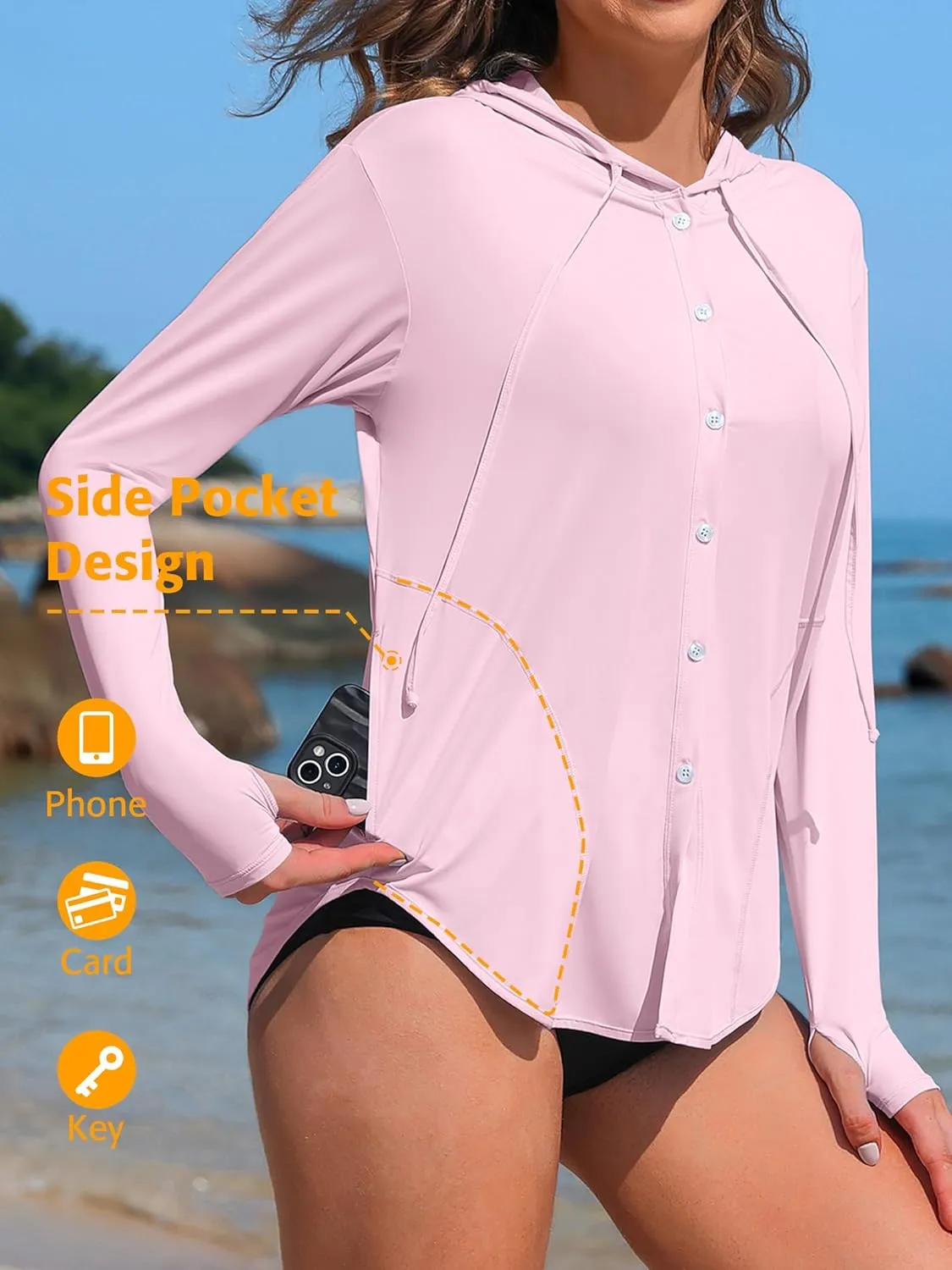 ATTRACO Rash Guard for Women UPF 50  Sun Protection Clothing Button Down SPF Hoodie Beach Shirts