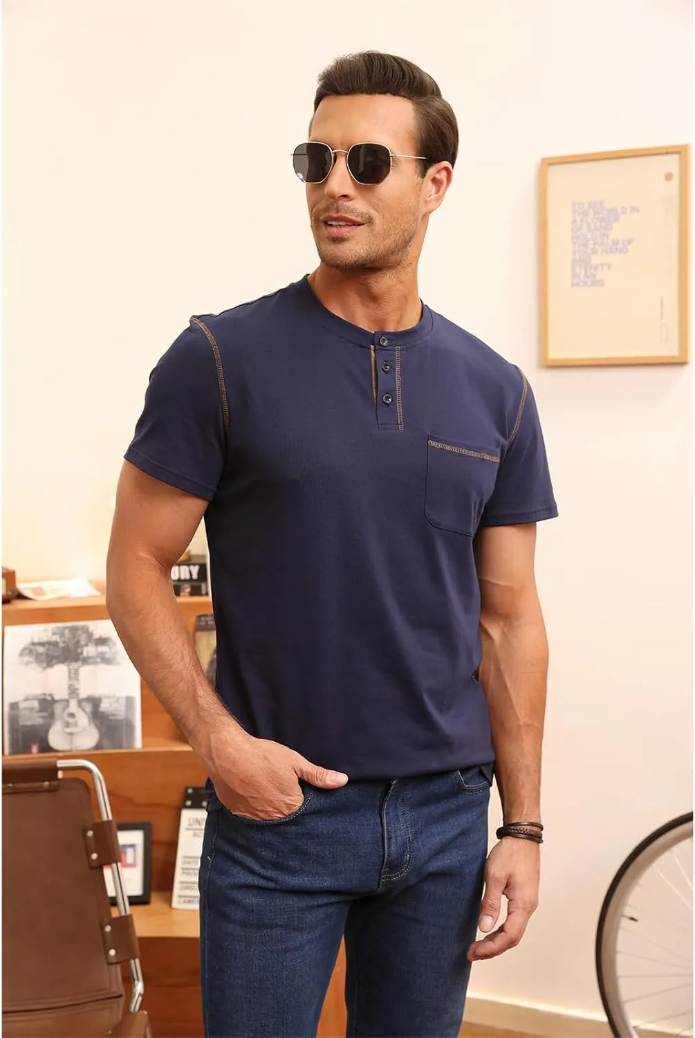 Aulemen Men's Henley Shirts Short Sleeve Casual Lightweight Slim Fit Basic Button T-Shirt with Pocket
