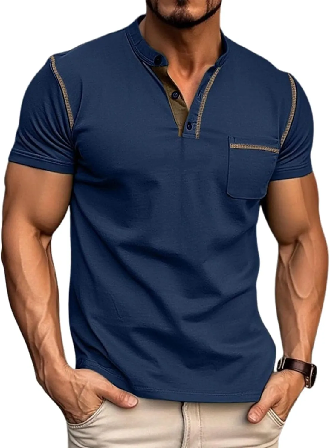 Aulemen Men's Henley Shirts Short Sleeve Casual Lightweight Slim Fit Basic Button T-Shirt with Pocket