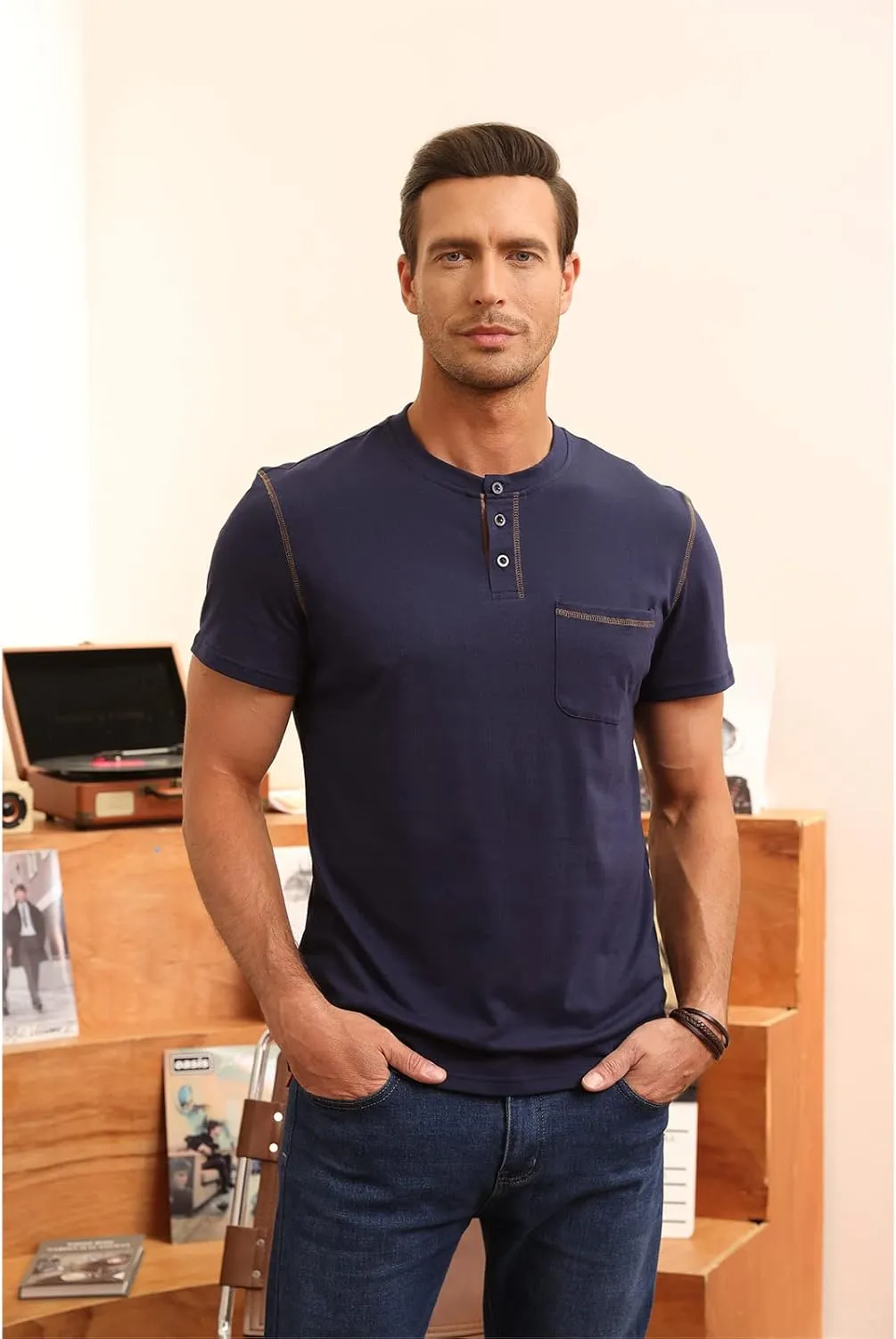 Aulemen Men's Henley Shirts Short Sleeve Casual Lightweight Slim Fit Basic Button T-Shirt with Pocket