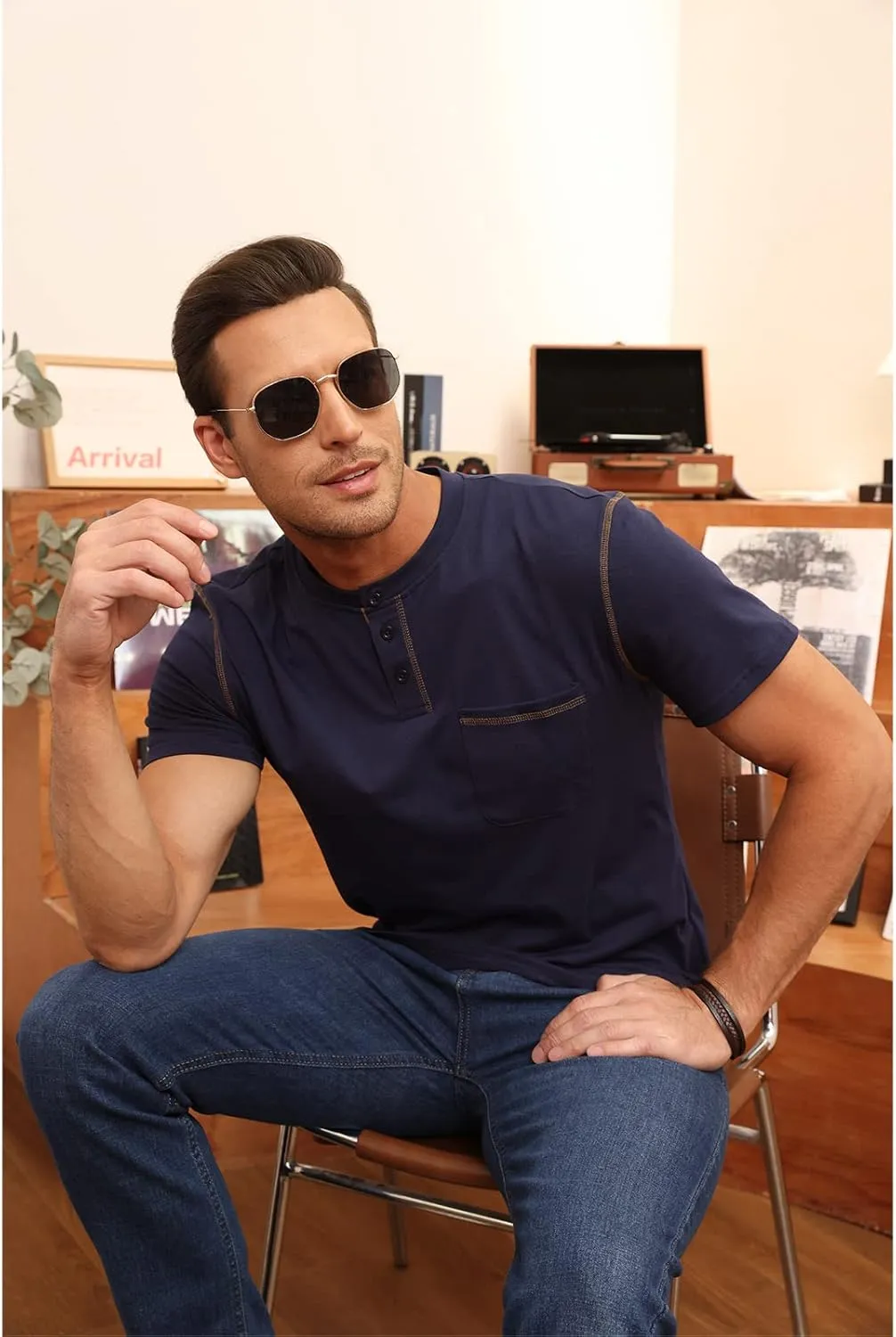 Aulemen Men's Henley Shirts Short Sleeve Casual Lightweight Slim Fit Basic Button T-Shirt with Pocket