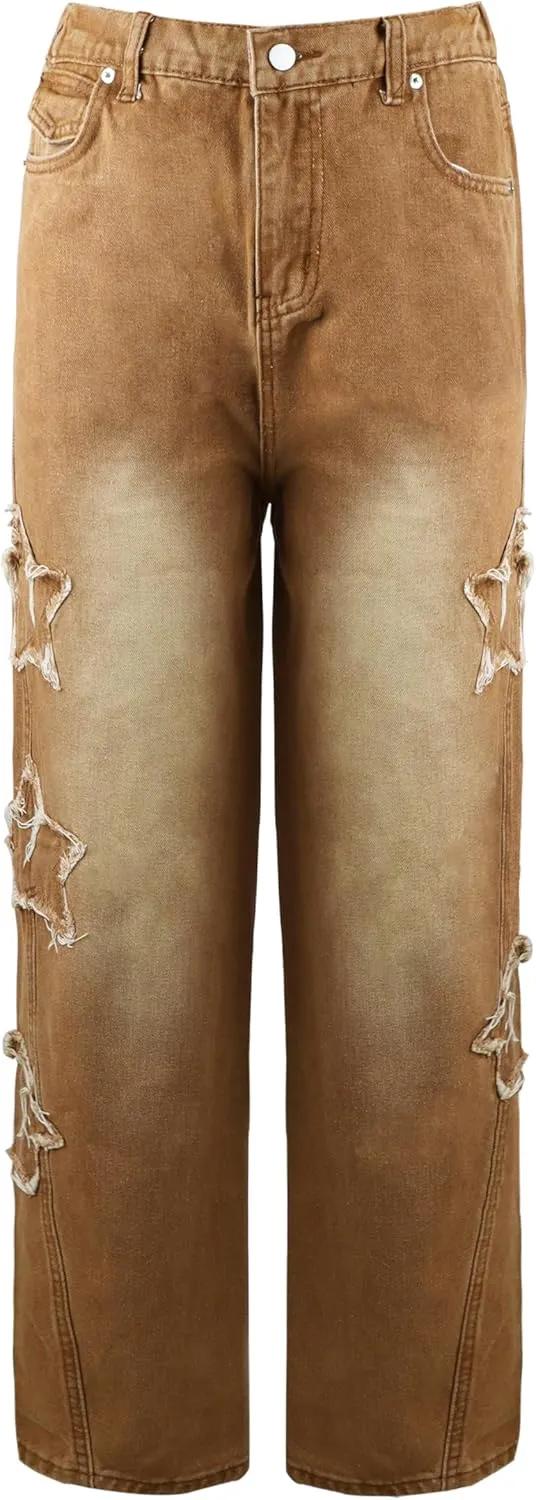 AULKEEP Womens Star Print Gradient Jeans Loose Ripped Graphic Pants Punk High Waist Bottom Jeans with Pocket