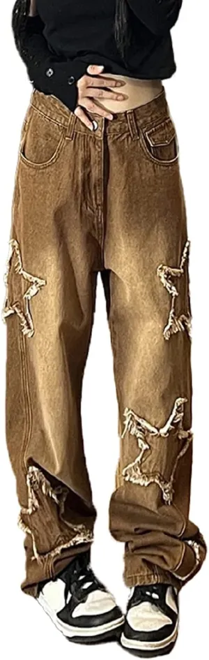 AULKEEP Womens Star Print Gradient Jeans Loose Ripped Graphic Pants Punk High Waist Bottom Jeans with Pocket