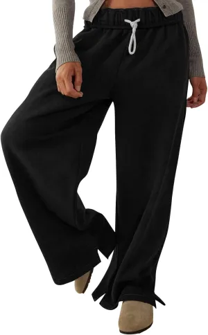 Baggy Sweat Pants for Women Elastic Wide Leg Pant Drawstring Elastic Waist Trouser Solid Plus Size Pant with Pockets