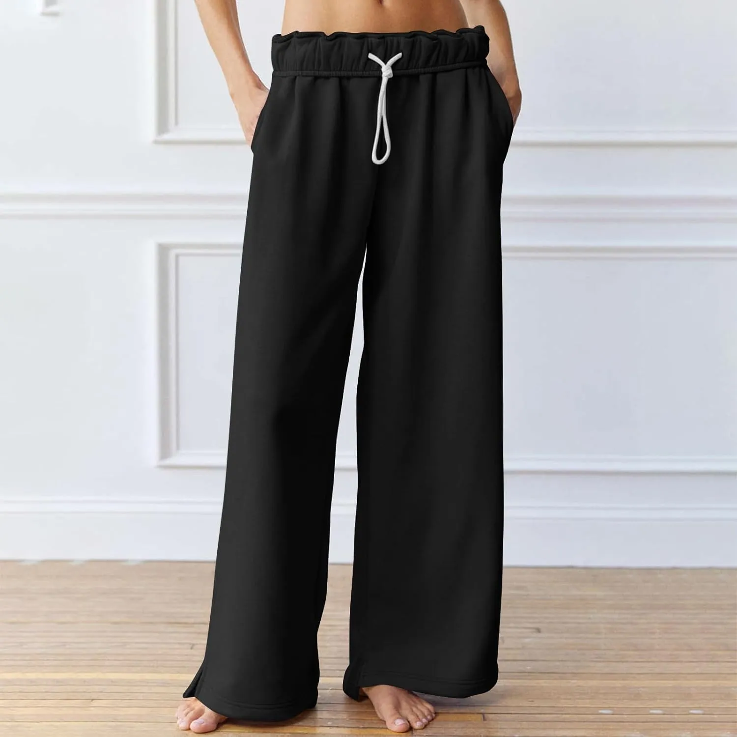 Baggy Sweat Pants for Women Elastic Wide Leg Pant Drawstring Elastic Waist Trouser Solid Plus Size Pant with Pockets