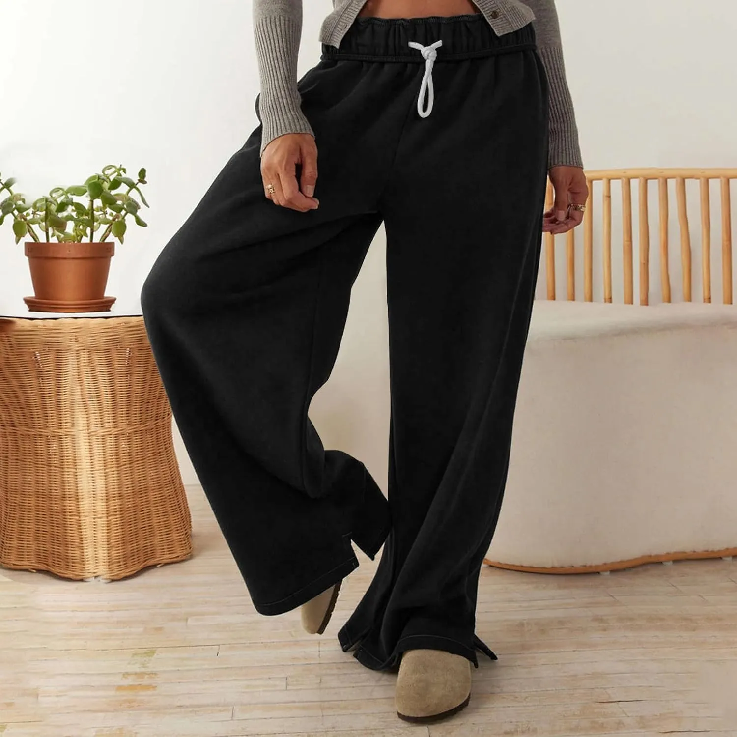 Baggy Sweat Pants for Women Elastic Wide Leg Pant Drawstring Elastic Waist Trouser Solid Plus Size Pant with Pockets