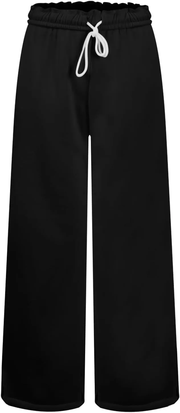 Baggy Sweat Pants for Women Elastic Wide Leg Pant Drawstring Elastic Waist Trouser Solid Plus Size Pant with Pockets