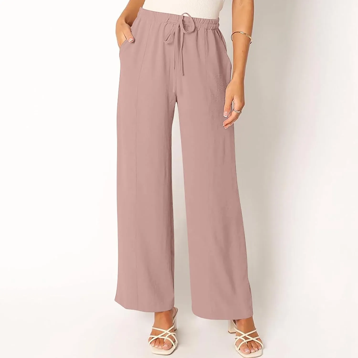 Beach Pants for Women Summer Casual Loose Plus Size Linen Pants Work Wide Leg Flowy Pants Trousers with Pckets