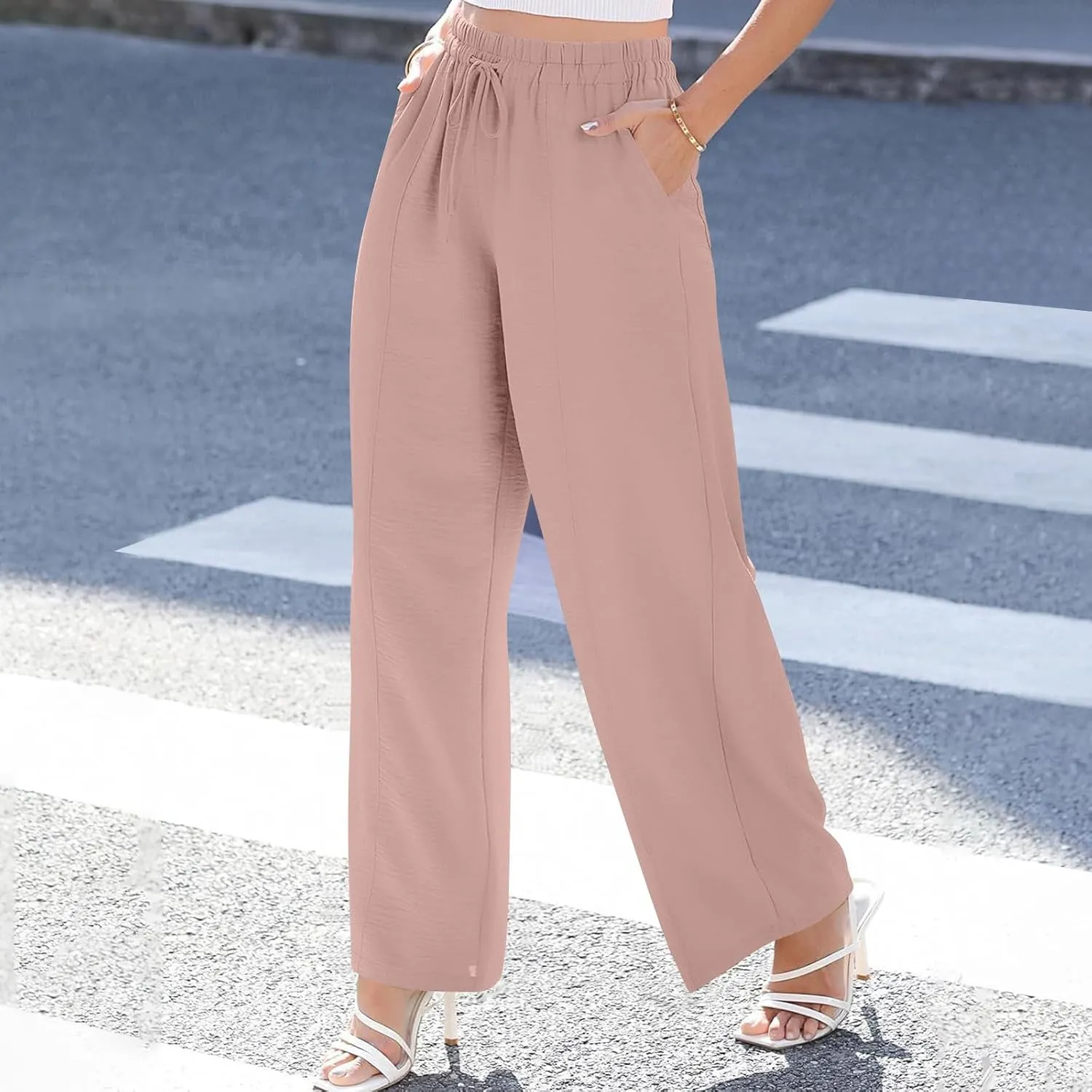 Beach Pants for Women Summer Casual Loose Plus Size Linen Pants Work Wide Leg Flowy Pants Trousers with Pckets