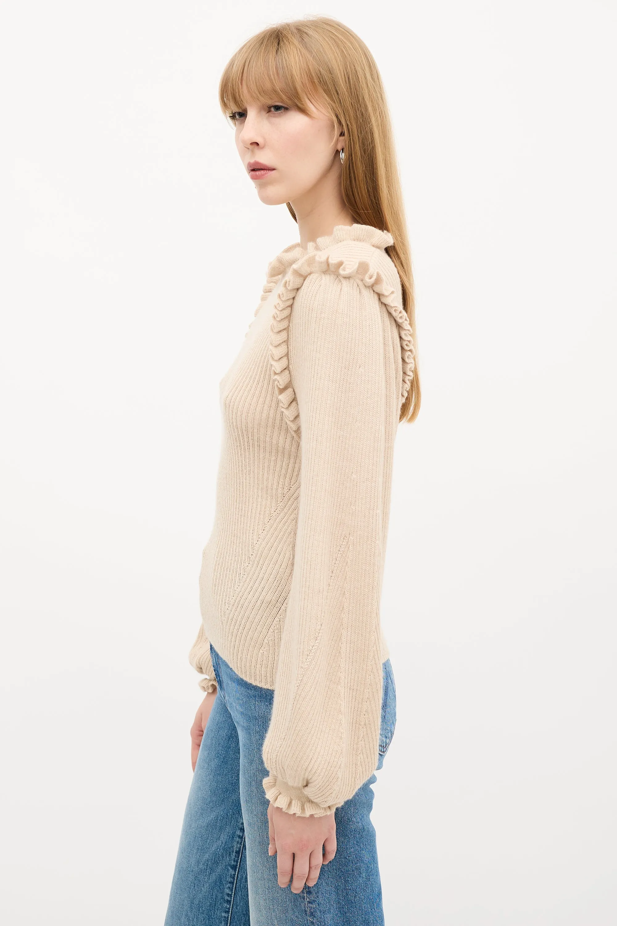Beige Wool & Silk Ruffle Knit Sweater
