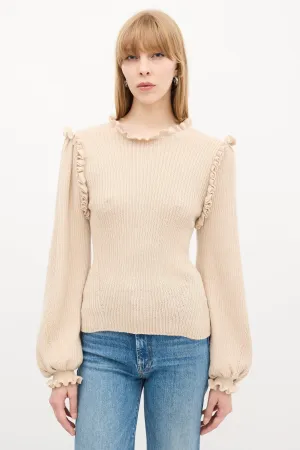 Beige Wool & Silk Ruffle Knit Sweater
