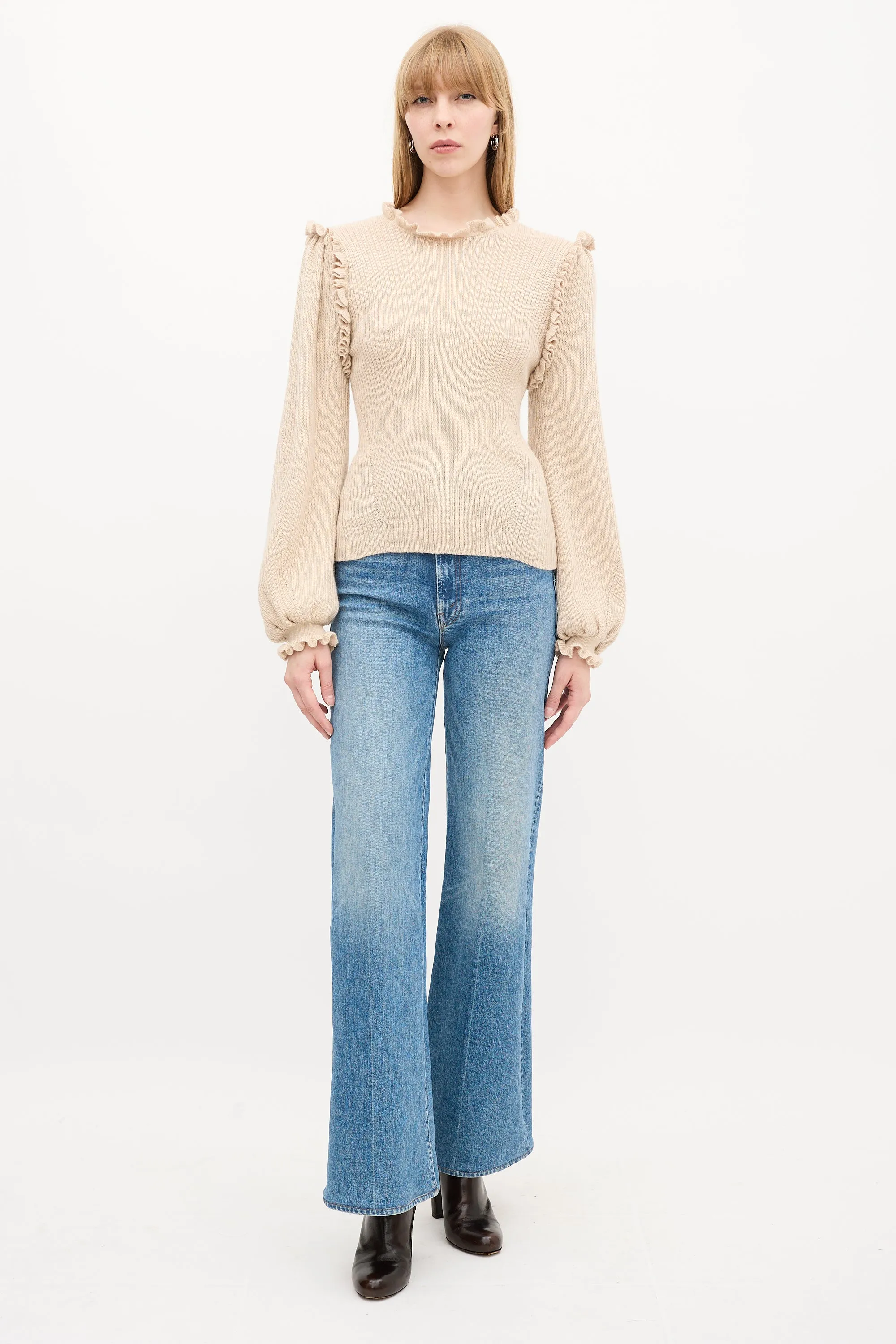 Beige Wool & Silk Ruffle Knit Sweater