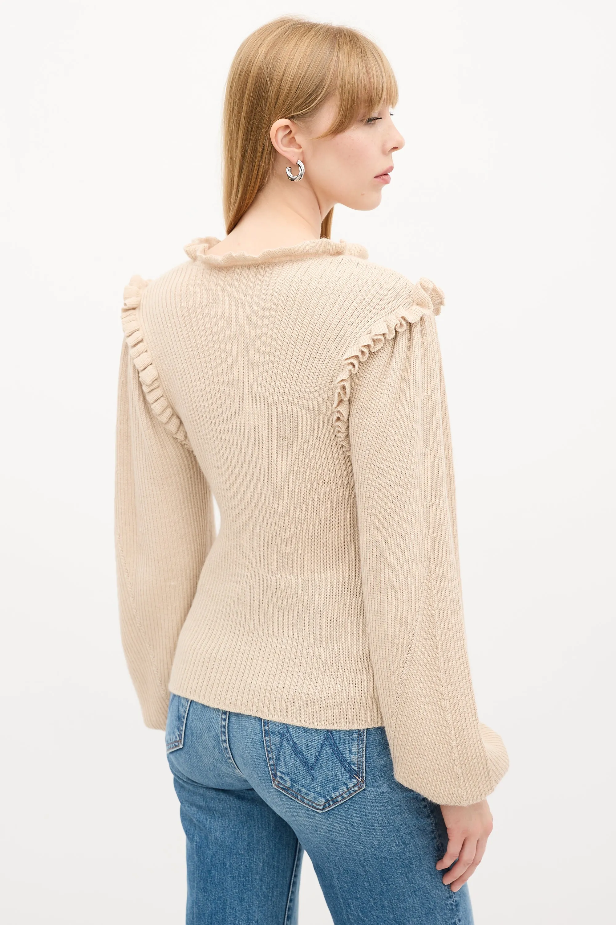 Beige Wool & Silk Ruffle Knit Sweater