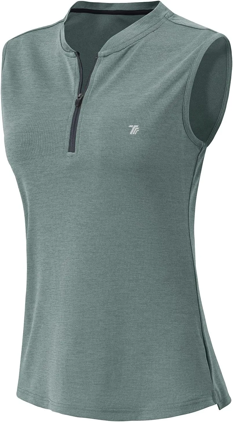 BGOWATU Women's Golf Polo Shirts Sleeveless Zip Up Collarless UPF 50  Tennis T-Shirt Lightweight Quick Dry