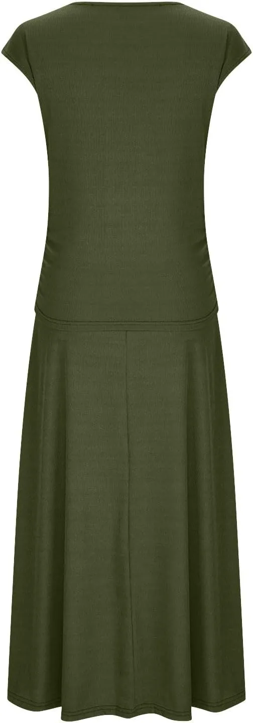 Binmer 2 Piece Outfit Set for Womens 2024 Summer Casual Ribbed Knit Short Sleeve Crop Top High Waist Midi Skirt Set Loungwear