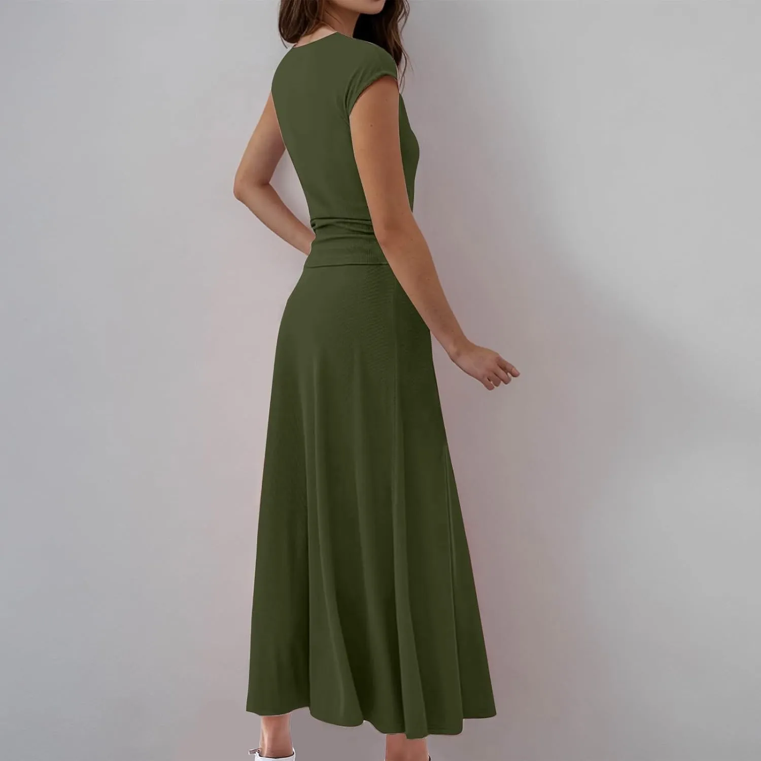 Binmer 2 Piece Outfit Set for Womens 2024 Summer Casual Ribbed Knit Short Sleeve Crop Top High Waist Midi Skirt Set Loungwear