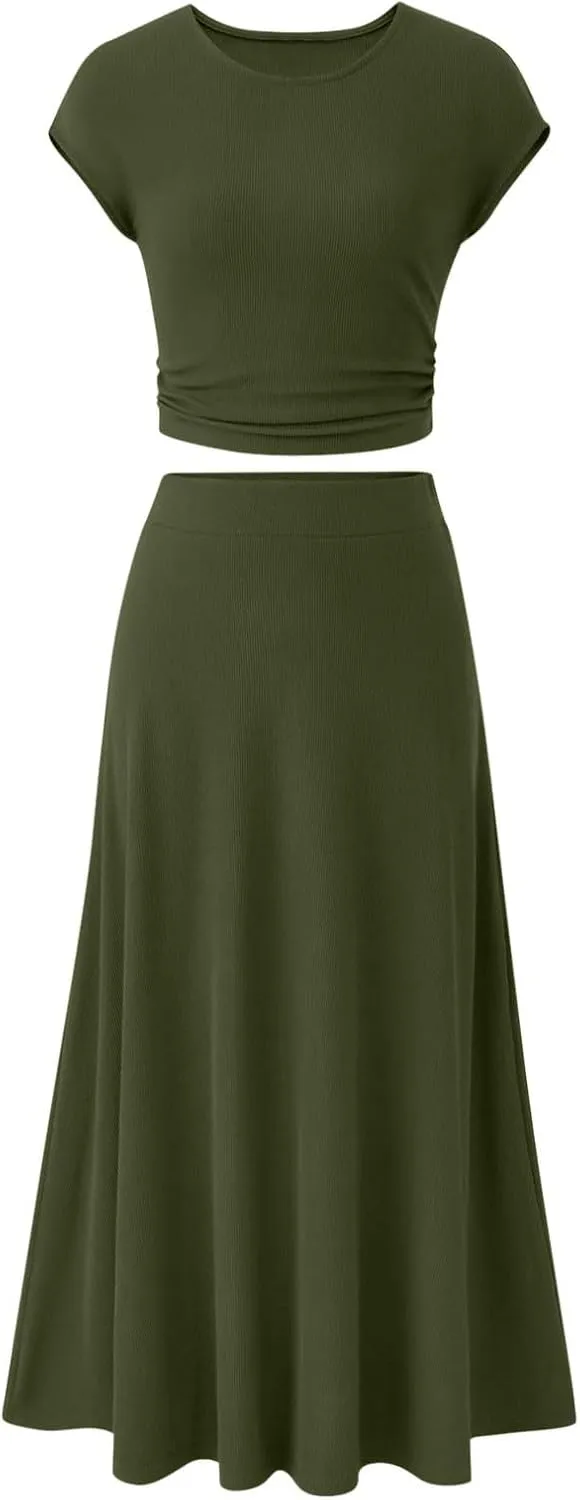 Binmer 2 Piece Outfit Set for Womens 2024 Summer Casual Ribbed Knit Short Sleeve Crop Top High Waist Midi Skirt Set Loungwear