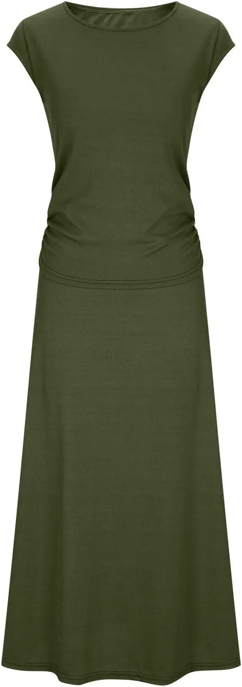 Binmer 2 Piece Outfit Set for Womens 2024 Summer Casual Ribbed Knit Short Sleeve Crop Top High Waist Midi Skirt Set Loungwear