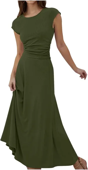 Binmer 2 Piece Outfit Set for Womens 2024 Summer Casual Ribbed Knit Short Sleeve Crop Top High Waist Midi Skirt Set Loungwear