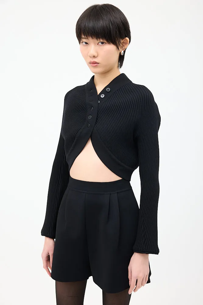 Black Wool Ribbed Knit Cropped Cardigan