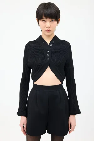 Black Wool Ribbed Knit Cropped Cardigan