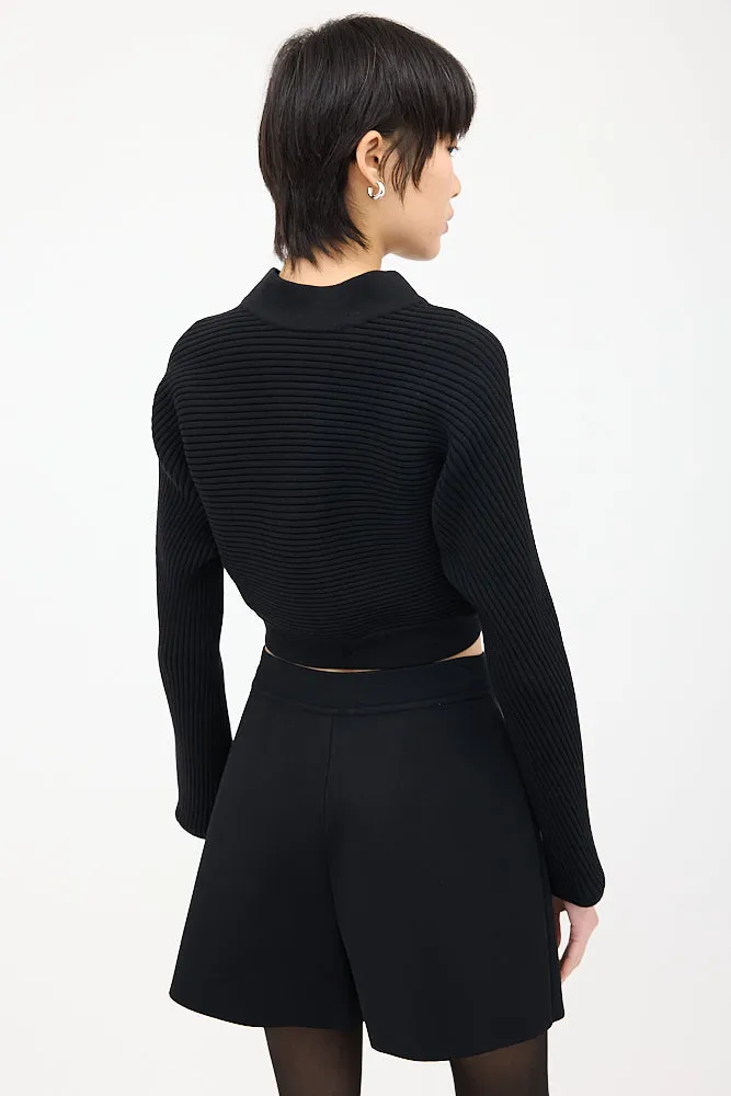 Black Wool Ribbed Knit Cropped Cardigan