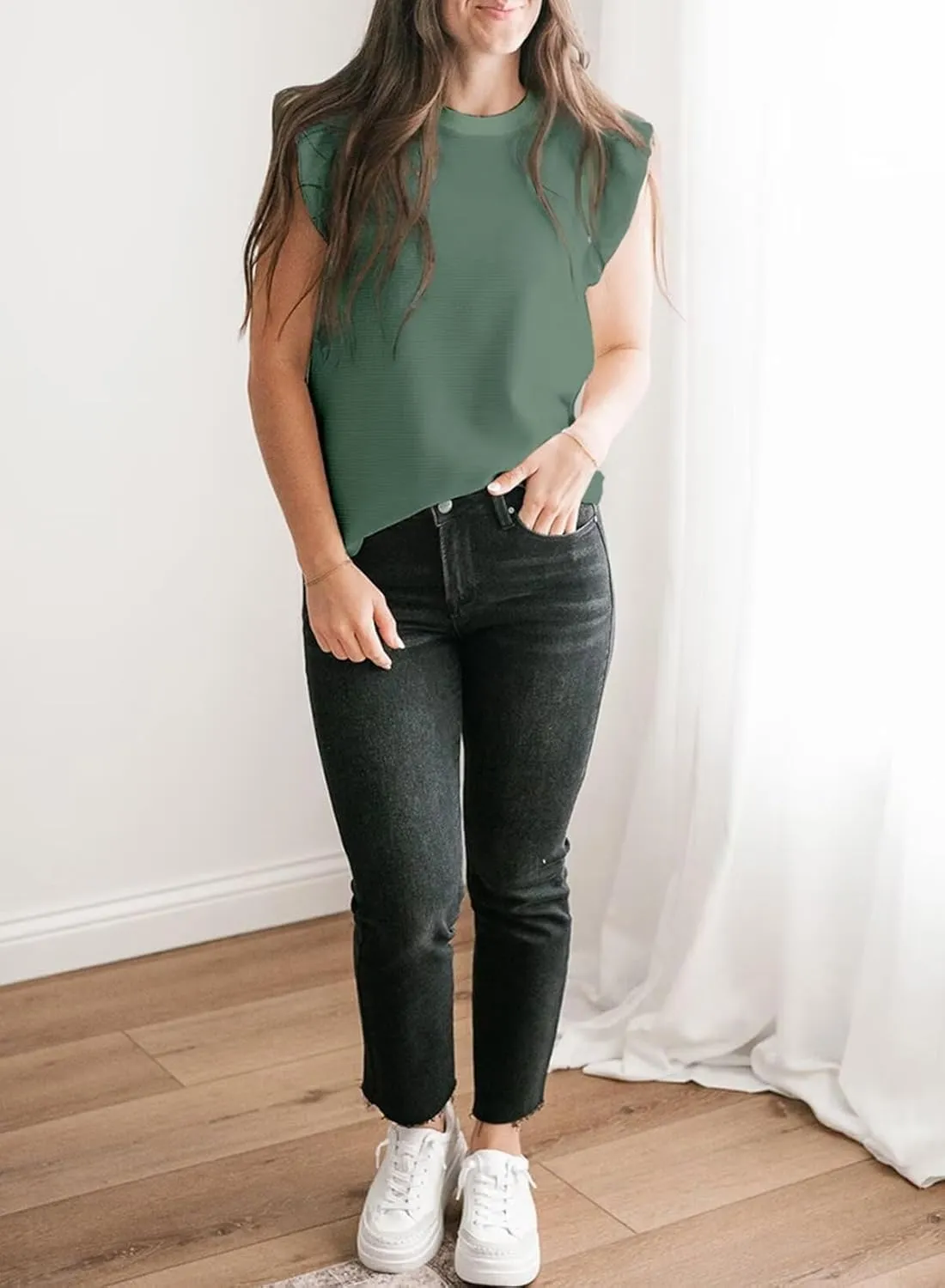 BLENCOT Tank Top for Women Trendy Sleeveless Loose Ruffle Sleeve Casual Waffle Basic Summer Spring Tops