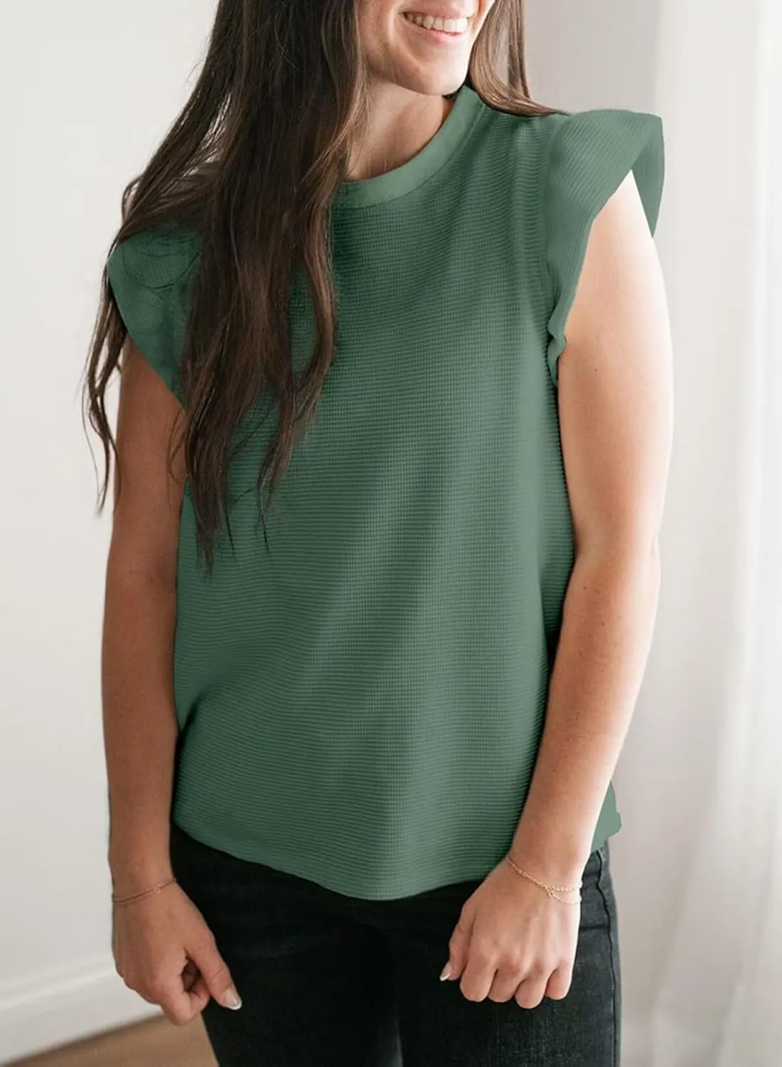 BLENCOT Tank Top for Women Trendy Sleeveless Loose Ruffle Sleeve Casual Waffle Basic Summer Spring Tops