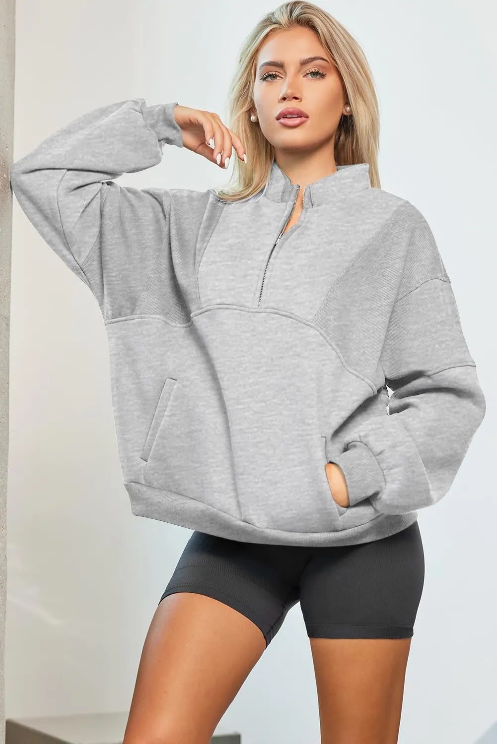 BLENCOT Women Half Zip Oversized Sweatshirts Long Sleeve Fleece Trendy Cropped Pullover Workout Warm Tops With Pockets S-2XL