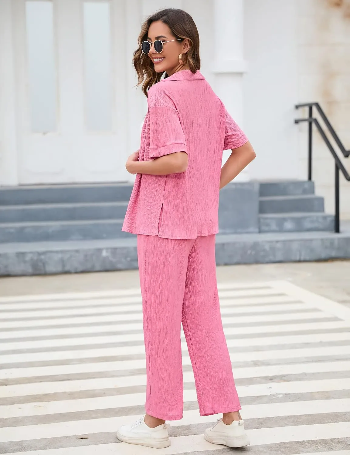 BLUEMING Women Pleated 2 Piece Outfits for Women Long Sleeve Button Down Shirt Wide Leg Pants Sets Casual Loungewear