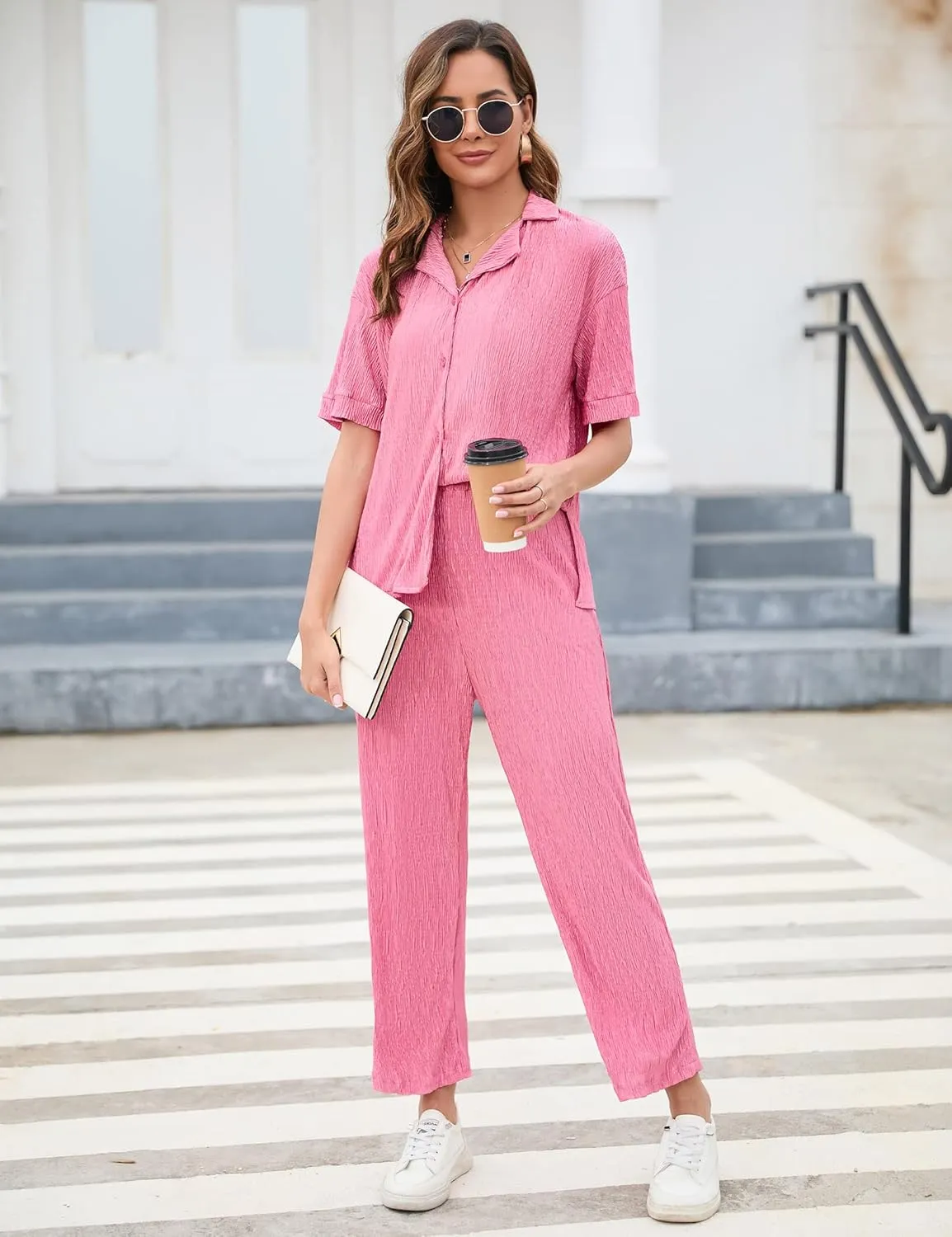 BLUEMING Women Pleated 2 Piece Outfits for Women Long Sleeve Button Down Shirt Wide Leg Pants Sets Casual Loungewear