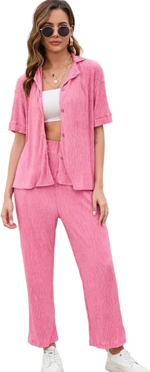 BLUEMING Women Pleated 2 Piece Outfits for Women Long Sleeve Button Down Shirt Wide Leg Pants Sets Casual Loungewear
