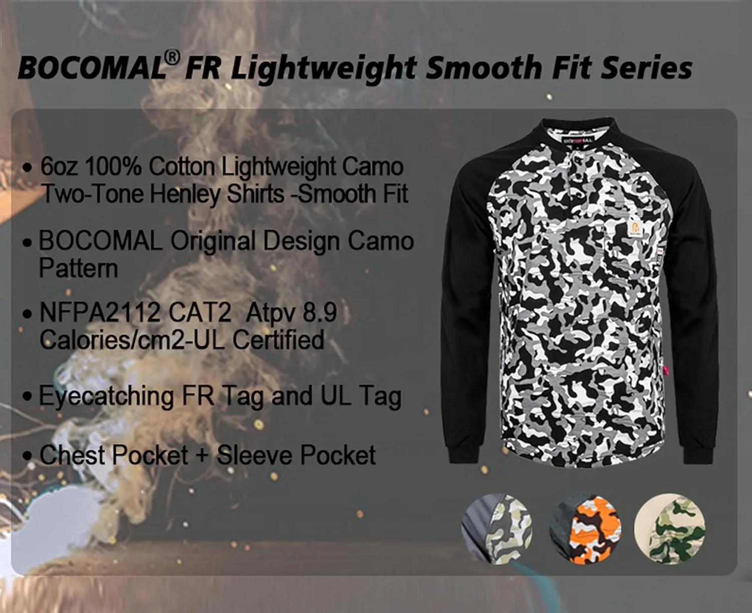 BOCOMAL FR Shirts 6oz Lightweight Flame Resistant Long Sleeve Henley Shirt Fire Retardant Workwear NFPA2112 CAT2