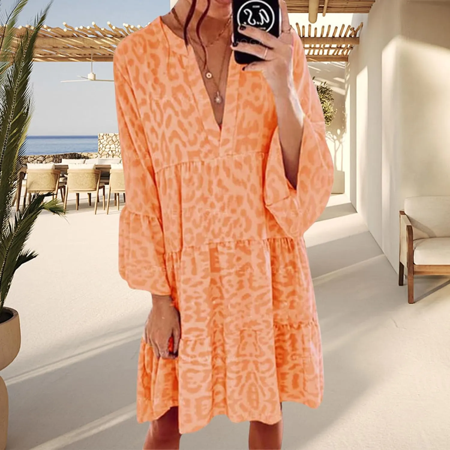 Boho Dresses for Women 2025 Long Sleeve V Neck Dress Casual Spring Summer Midi Dress Flowy Beach Vacation Dresses